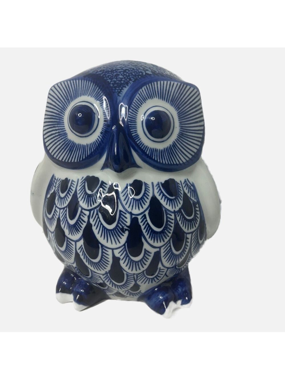 Large Ceramic Owl Figurine Statue Hand-painted Decor Blue White Animal